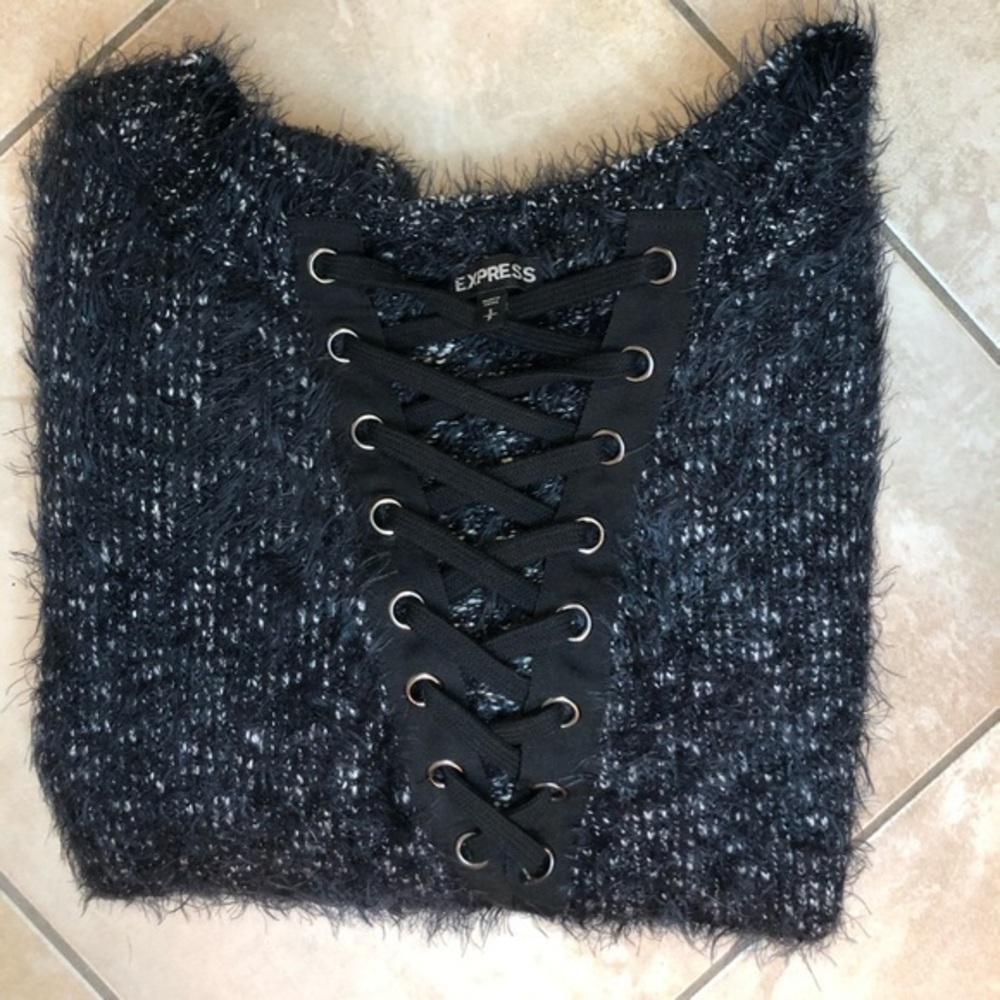 Express Fuzzy Black Lace Up V Neck Sweater